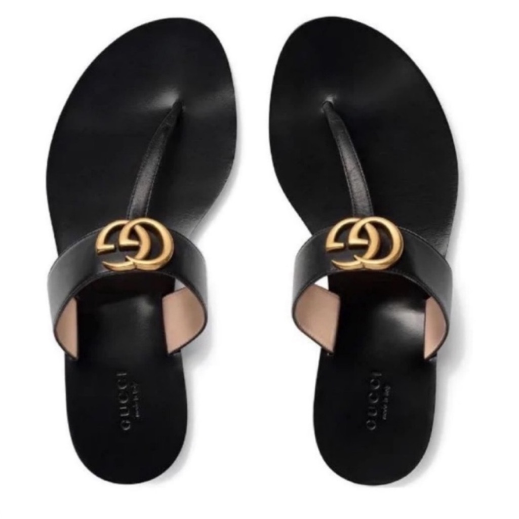 Gucci Marmont Leather Thong Sandal With Double G Eu 39 Black